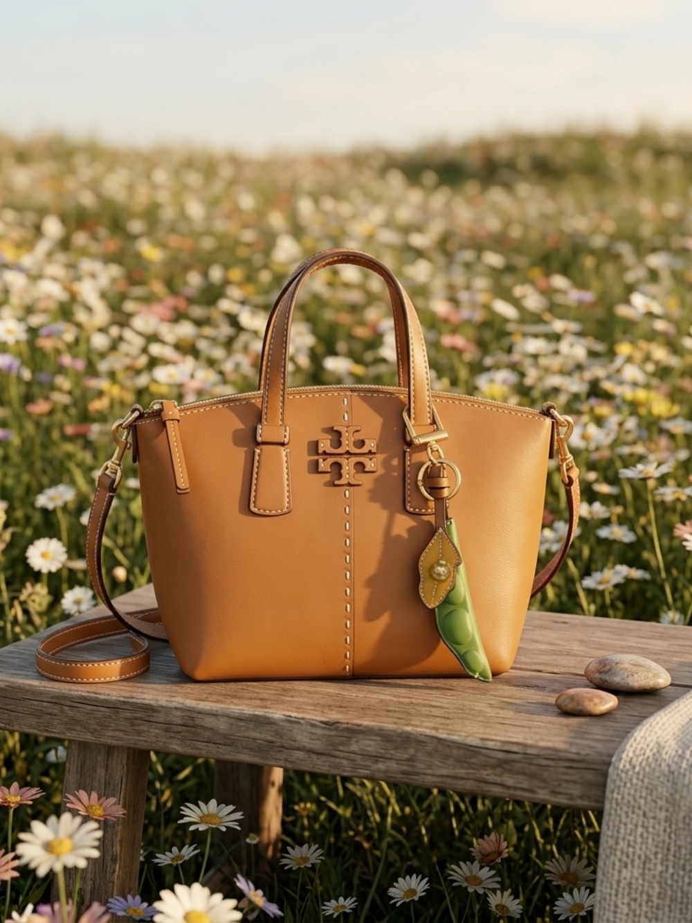 Tory Burch Squash Smooth Tan Leather Mini McGraw Satchel + Pea Pod Key Ring